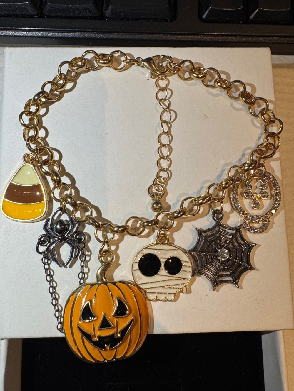 Halloween Charm Bracelet - Orange Pumpkin & Candy Corn Accent